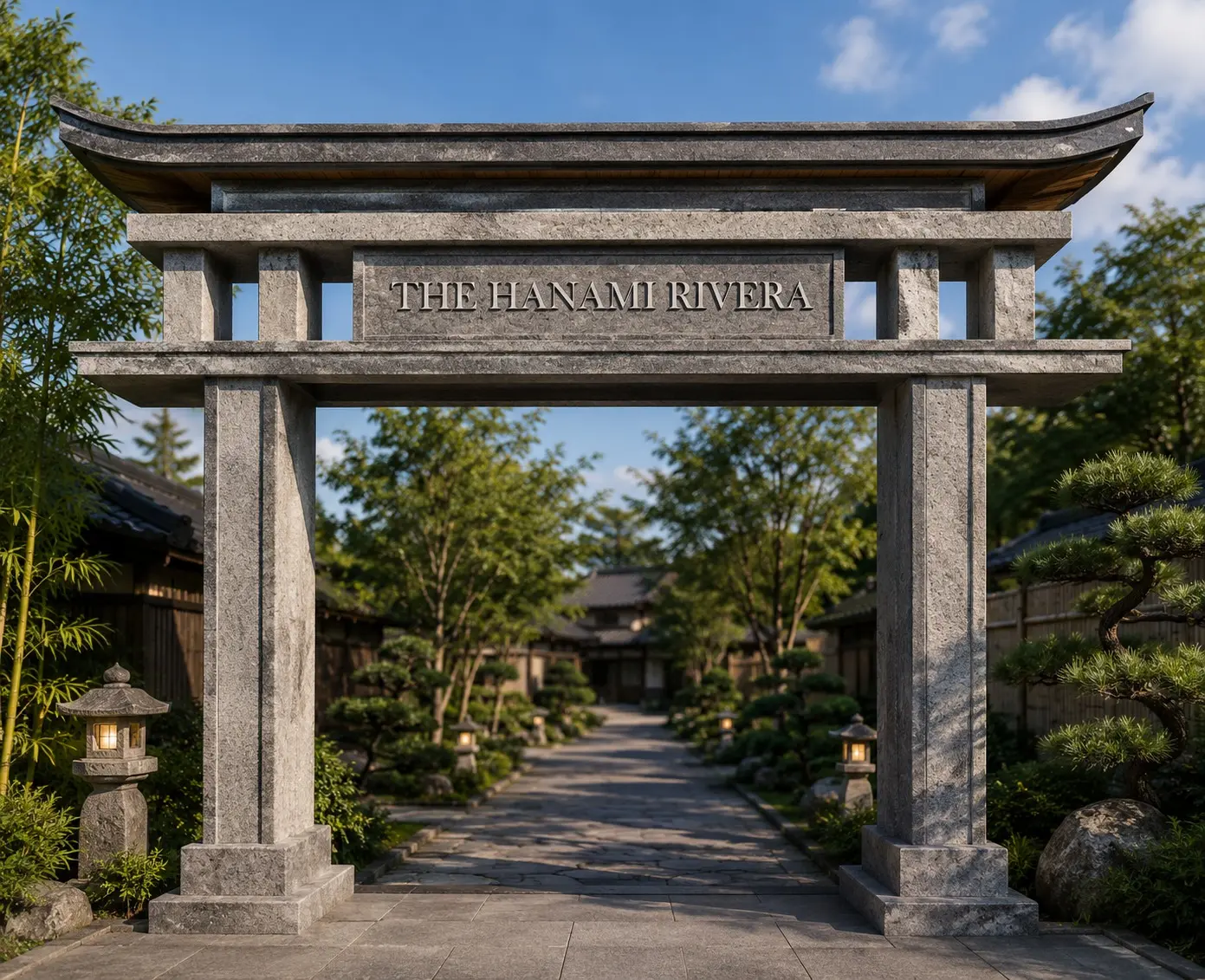 Gerbang dan area penerimaan kawasan The Hanami Rivera di Sukasirna, Jonggol